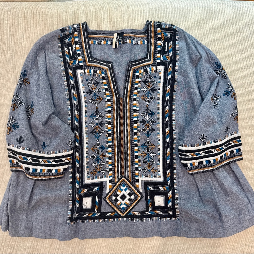 Topshop Bohemian Embroidered Blue Printed Short Sleeve Top US 2/4 - Small